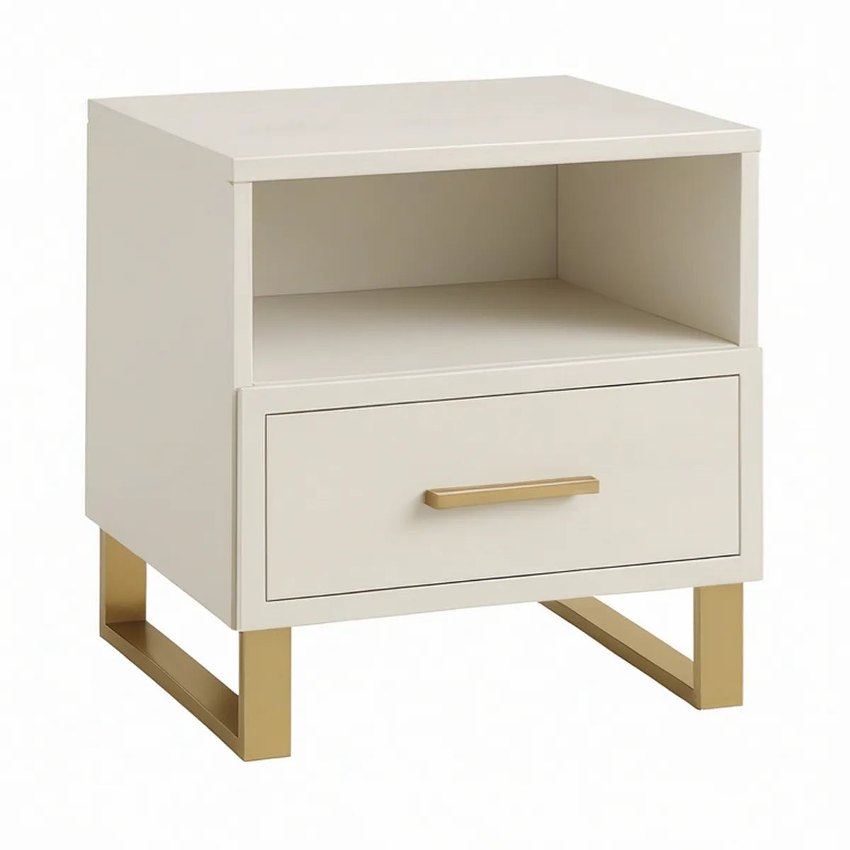 Nachttisch mit Schublade und offenem Fach, 45 x 40 x 55 cm, MDF und Stahl, Elfenbein/Gold