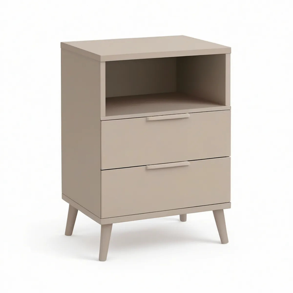 Rechteckiger Nachttisch aus Spanplatte in Taupe mit 2 Schubladen und offenem Fach, 45 x 35 x 65 cm