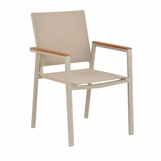 Gartenstuhl mit Armlehnen aus Aluminium und Polyestergewebe, Beige/Hellgrau/Naturbraun, 56 x 64 x 89 cm