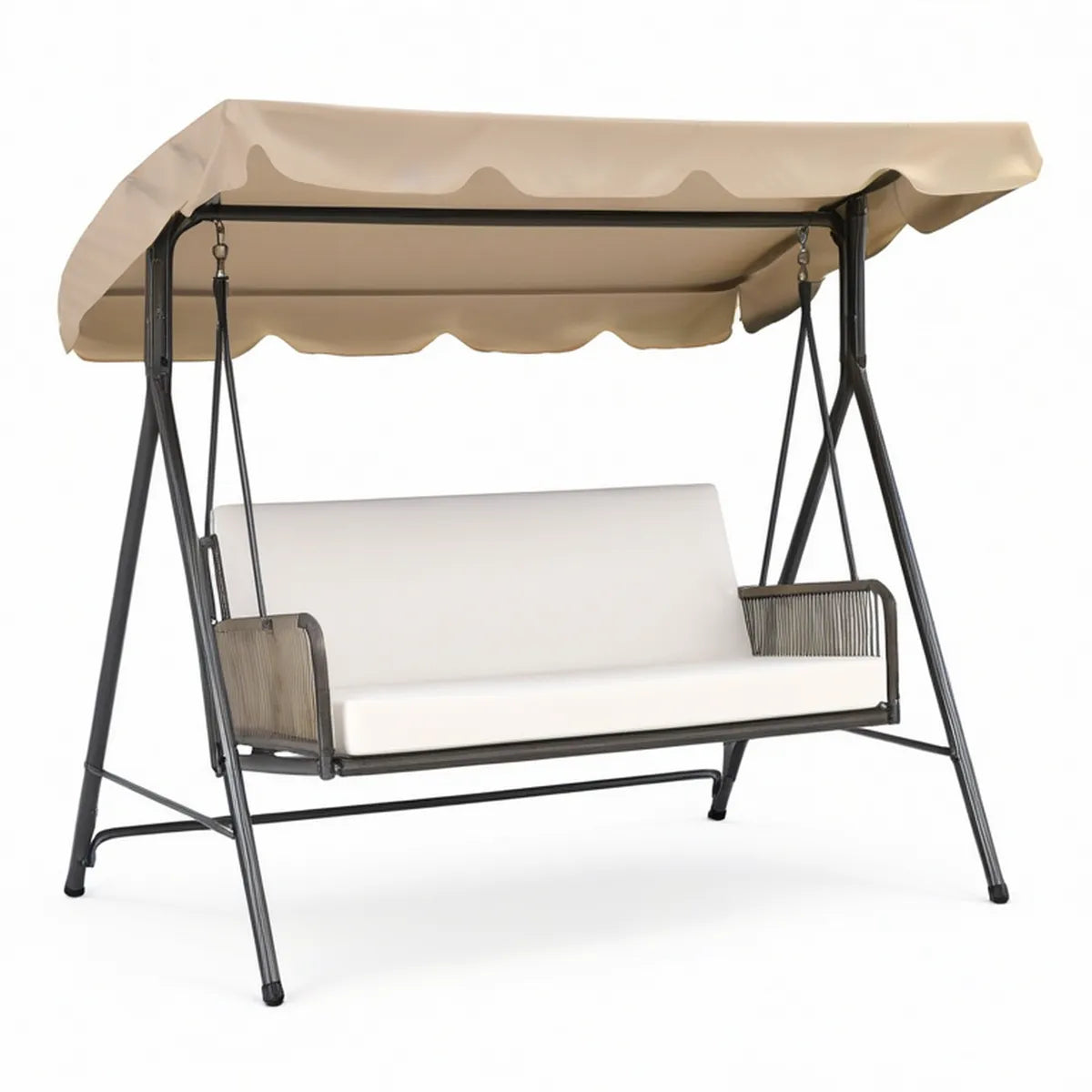 Hollywoodschaukel für 3 Personen mit Sonnendach, 200 x 120 x 170 cm, Beige/Cremeweiss/Schwarz/Taupe