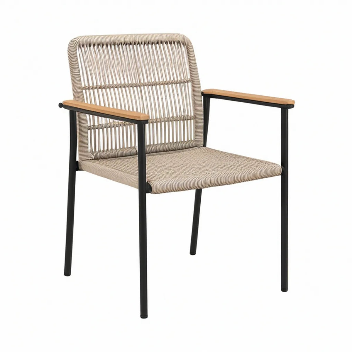 Gartenstuhl mit Armlehnen, 58 x 62 x 85 cm, Stahl, Polyesterseilgeflecht und Akazienholz, Beige/Schwarz/Natur