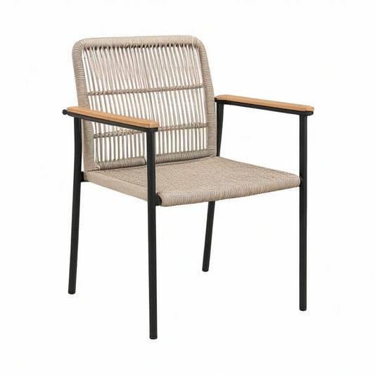 Gartenstuhl mit Armlehnen, 58 x 62 x 85 cm, Stahl, Polyesterseilgeflecht und Akazienholz, Beige/Schwarz/Natur