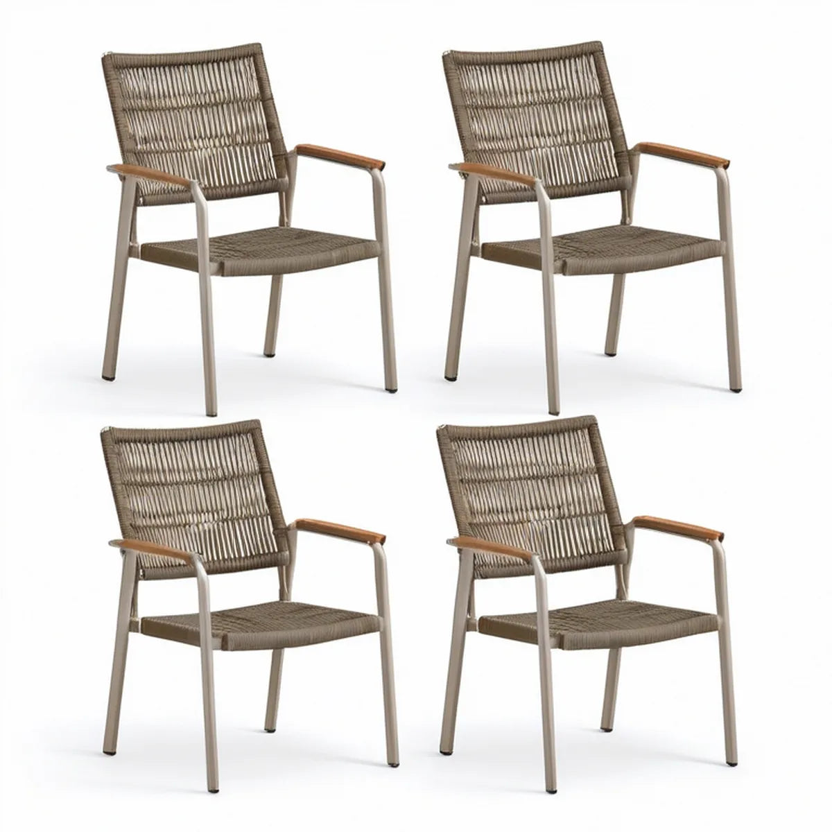4er-Set Gartenstühle mit Armlehnen, 56 x 62 x 88 cm, Aluminium und PE-Seilgeflecht, Taupe/Braun/Schwarz