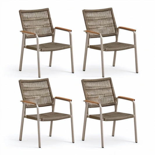 4er-Set Gartenstühle mit Armlehnen, 56 x 62 x 88 cm, Aluminium und PE-Seilgeflecht, Taupe/Braun/Schwarz