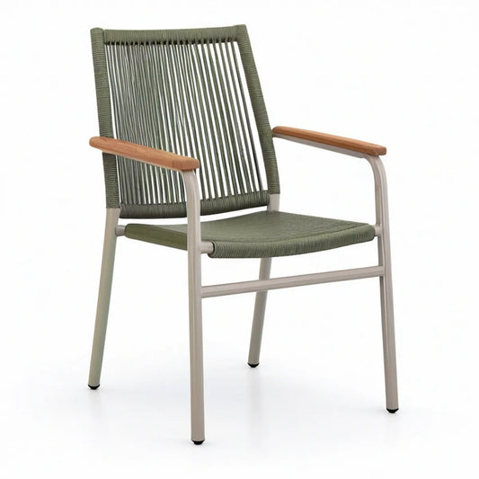 Gartenstuhl mit Armlehnen aus Aluminium, Polypropylen-Kordel und Akazienholz, Olivgrün/Natur/Silber, 58 x 62 x 88 cm