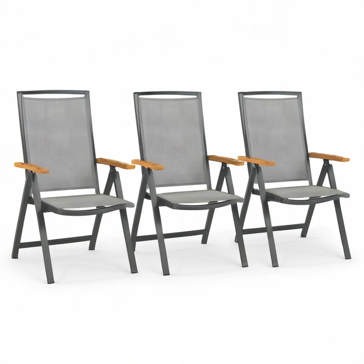 3er-Set klappbare Gartenstühle mit Armlehnen, Grau/Natur, 58 x 65 x 110 cm