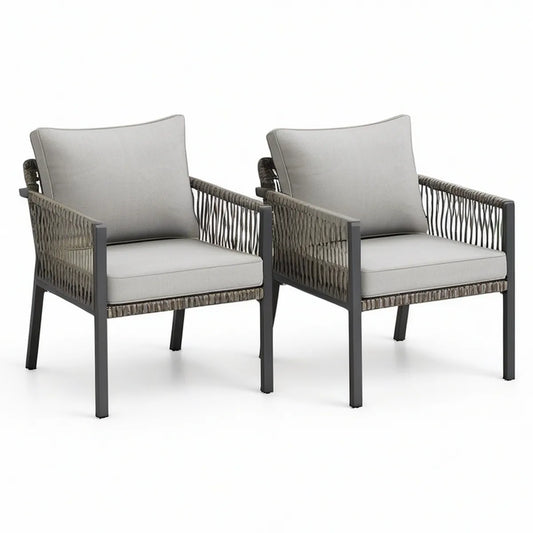 2er-Set Gartenstühle mit Armlehnen, Aluminium und PE-Seilgeflecht, Anthrazit/Graubraun/Hellgrau, 65 x 70 x 78 cm